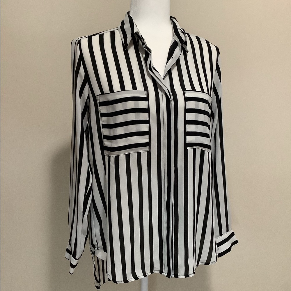 Monteau Black and White Striped Button Down Shirt
